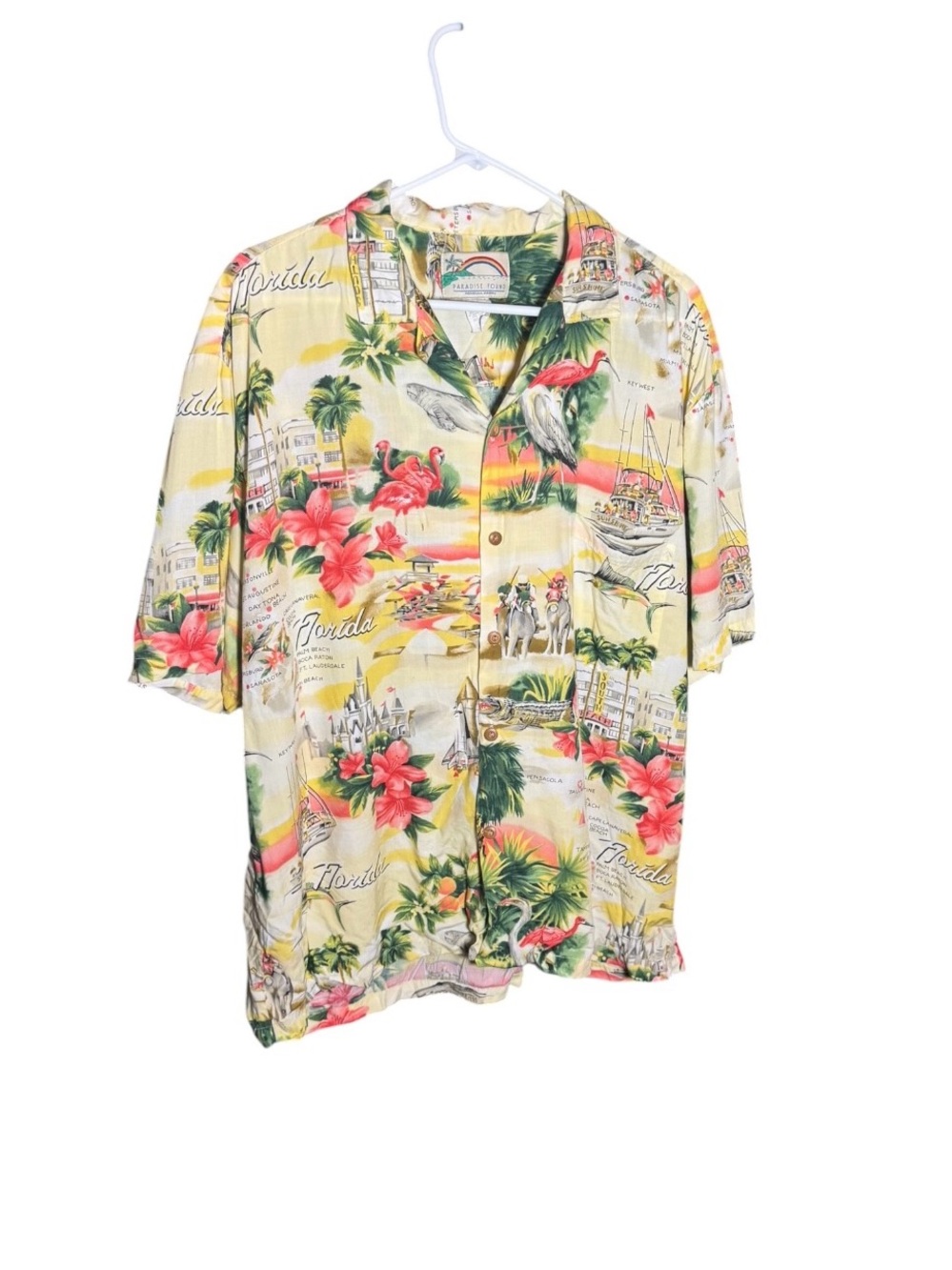 Vintage Paradise Found XL Florida Map Hawaiian Aloha Rayon Shirt